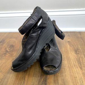 Fly London Womens Black Leather Heeled Sling Back Sandals Size 38